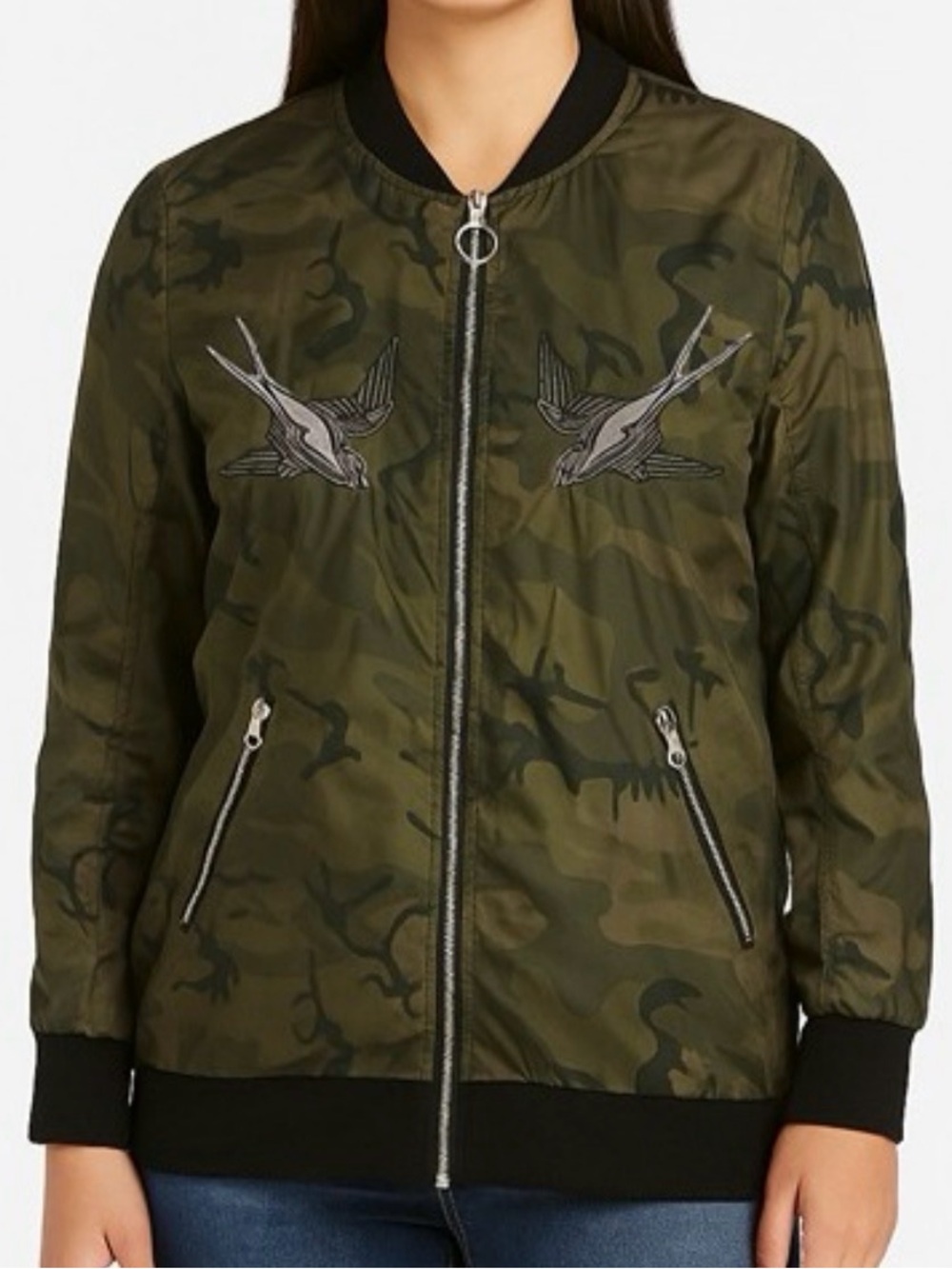 Rock & Republic Camo Embroidered Swallow Bomber Jacket – Size M